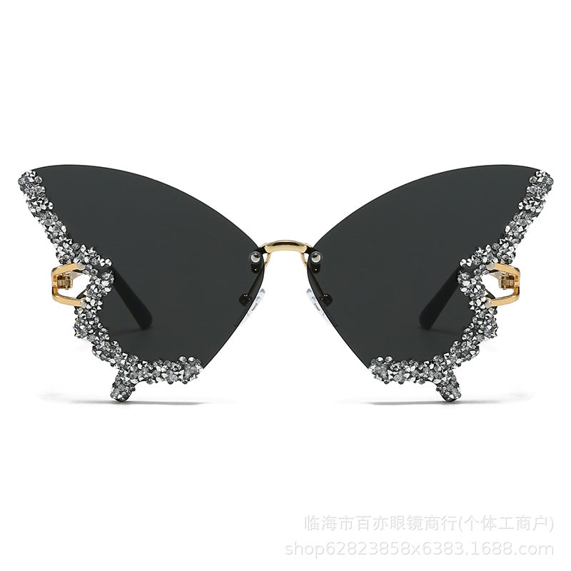 Cross-border New Butterfly Shape Diamond Rimless Sunglasses Women's Fashion Personality Exaggerated Sunglasses European And American Internet Red Broken Diamond