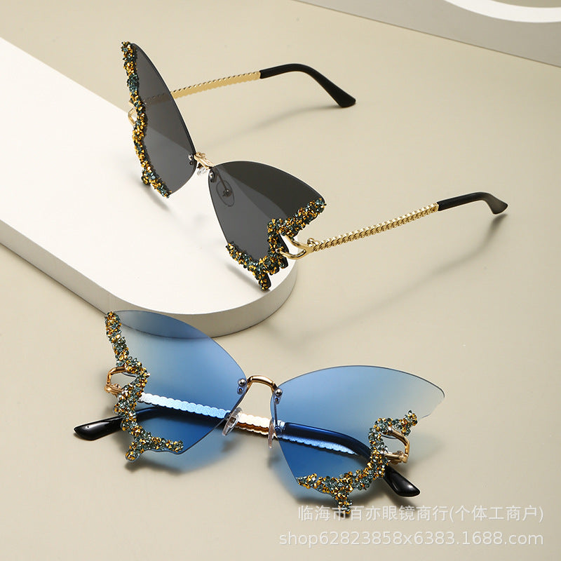 Cross-border New Butterfly Shape Diamond Rimless Sunglasses Women's Fashion Personality Exaggerated Sunglasses European And American Internet Red Broken Diamond