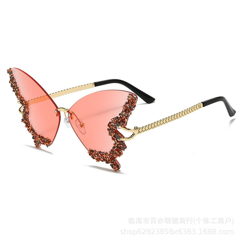 Cross-border New Butterfly Shape Diamond Rimless Sunglasses Women's Fashion Personality Exaggerated Sunglasses European And American Internet Red Broken Diamond